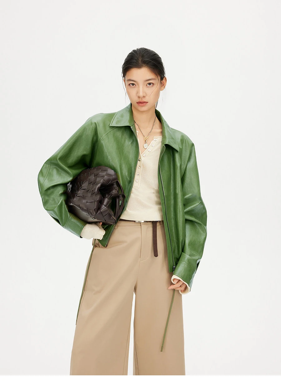 Lautaro Frühling Herbst Grüne Kurze PU-Lederjacke für Damen mit Reißverschluss Luxus Designer-Kleidung Locker Lässig Koreanische Mode 2026 – Detail 5