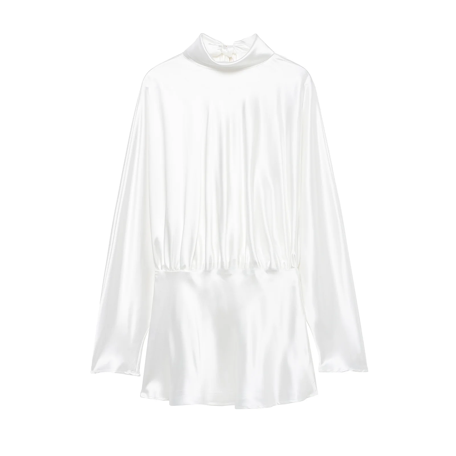 Ele لون نقي من الساتان طويل Sve Dr مع ربطة القوس فيونكة با عقدة ort تنورة للنساء الخريف عارضة عالية الياقة