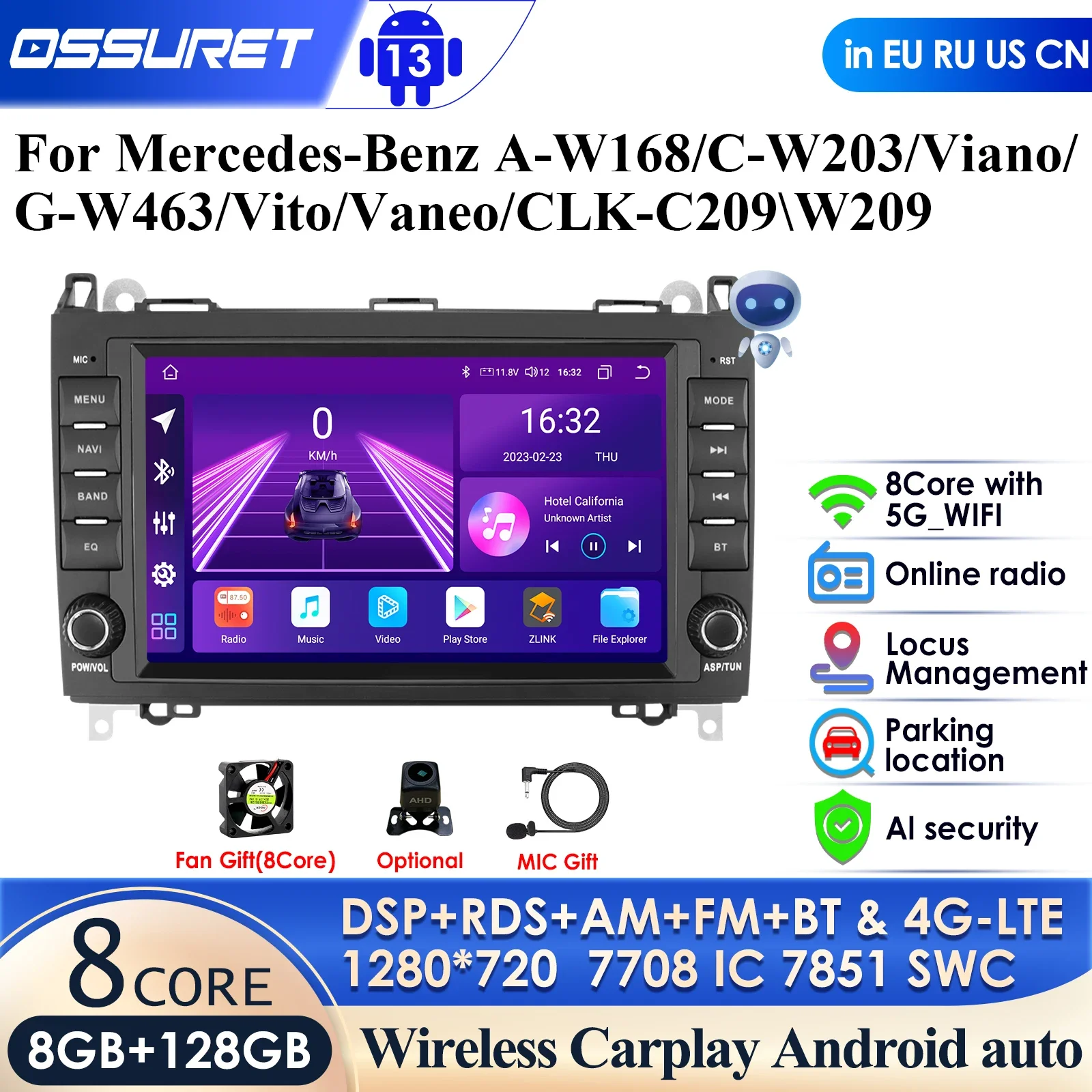 8GB 128GB Carplay 4G-LTE Android 12 Car Radio for Mercedes Benz B200 Sprinter W906 W639 AB Class W169 W245 Viano Vito GPS DSP BT