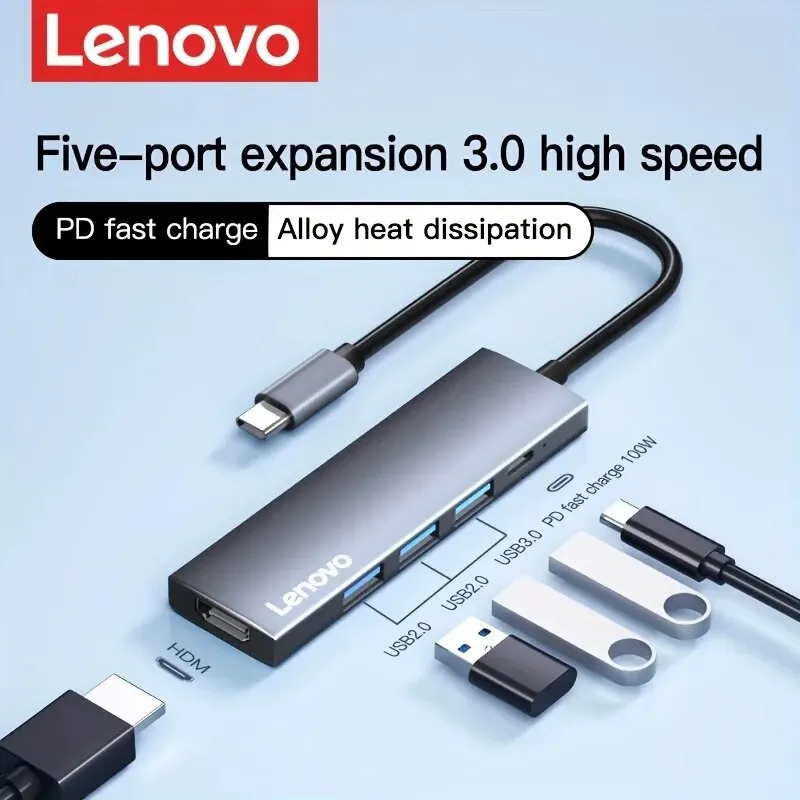 Lenovo 5 in 1 USB C Hub with 4K HDMI, 100W Power Delivery, 3 USB-A Data Ports, USB C Hub Multiport Adapter for MacBook Pro/Air