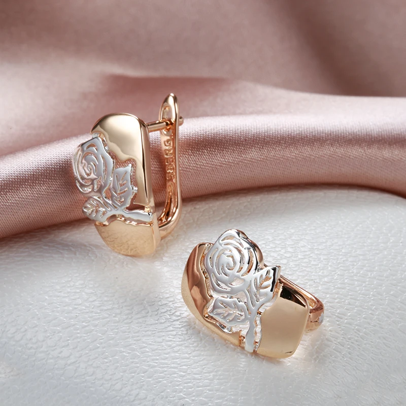 Kinel New Trend Glossy Rose Flower Earrings Ring Sets for Women 585 Gold With Silver Color Ethnic Vintage Wedding Jewelry Sets