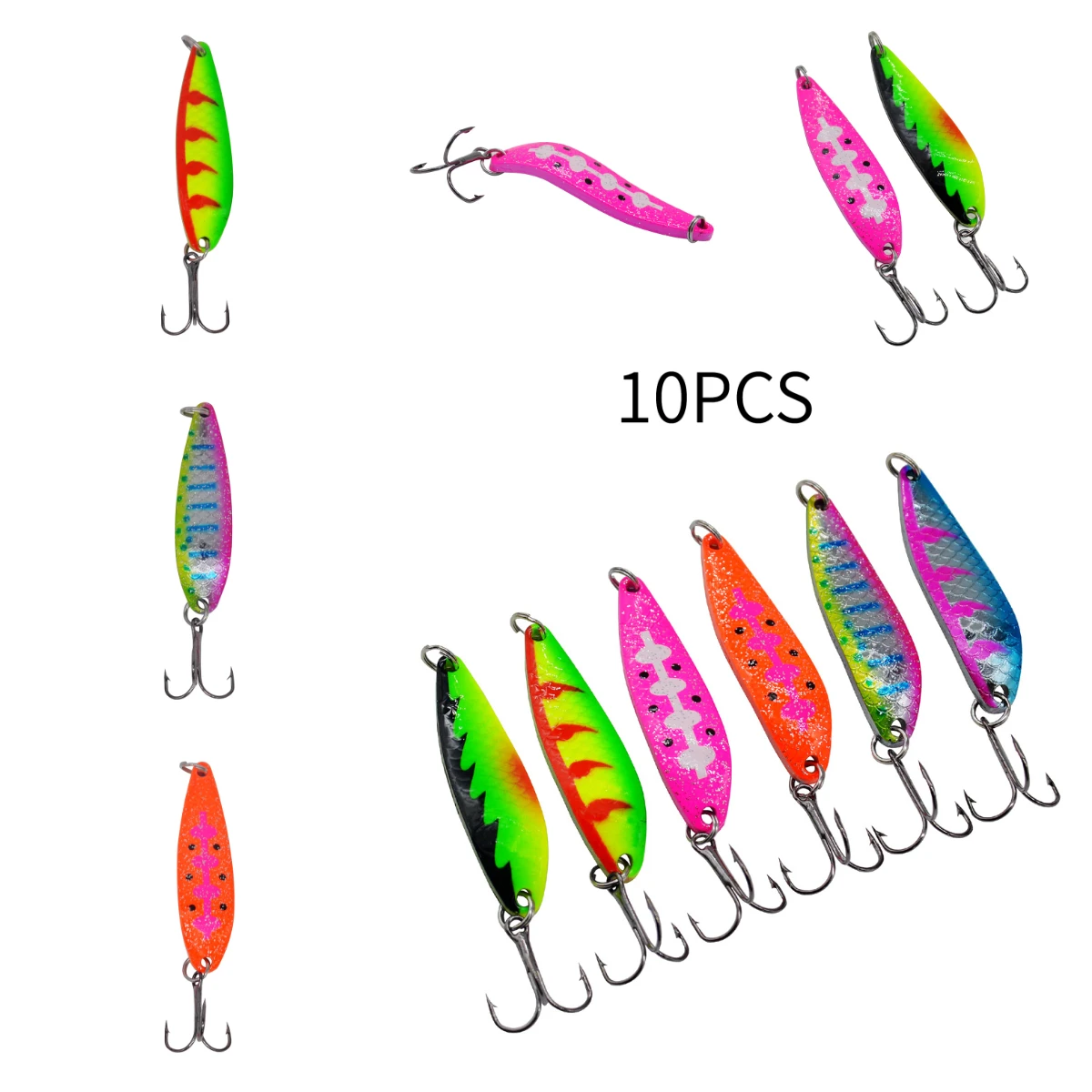 10‑piece Colorful Spoon‑shaped Lures For Lure Fishing. Each Weighs 10 Grams And Measures 2.01 Inches In Length. These Are Curved‑surface Artificial Baits For Trout And Bass.