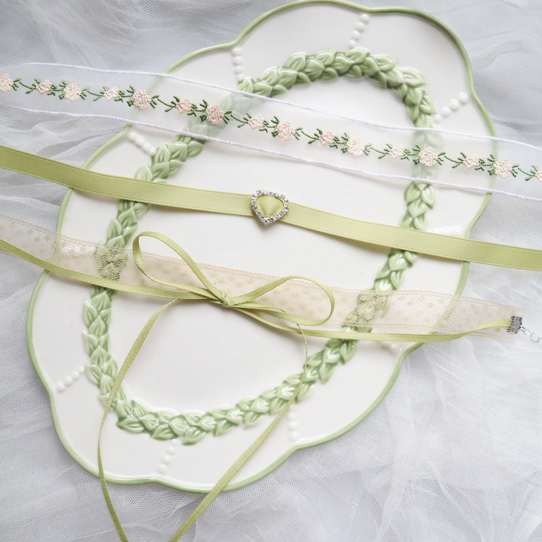 New Korea Fashion Cute Green Color Heart Lace Bowknot Choker Necklace For Y2K Lovely Girl Women Charm Wedding Birthday Jewelry