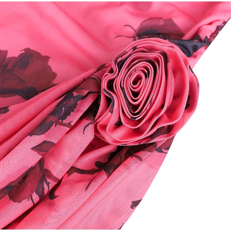 Damen Rosa Rosen-Print Transparentes Mesh-Minikleid Schulterfreies Langarm-Kleid mit Raffungen und Seitlicher Schnürung Sexy Party-Clubwear – Detail 6