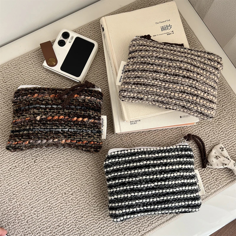 

5 шт. кошельки для монет женские шерстяные вязаные полосатые ретро держатель для помады сумка для хранения разноцветные