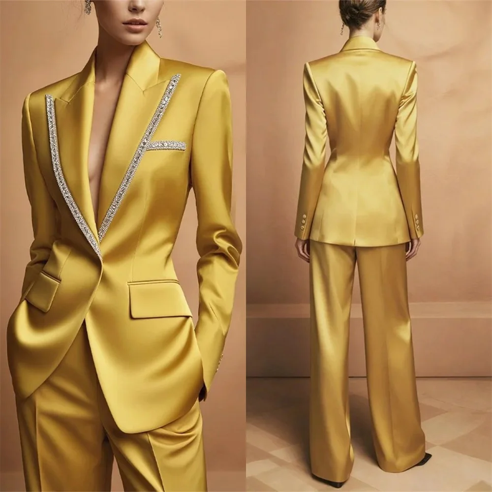 Elegant Women's Evening Dresses Suit Gowns Beads One Button Peaked Lapel Jacket Pants For Female Satin 2 Pieces Suit Customized