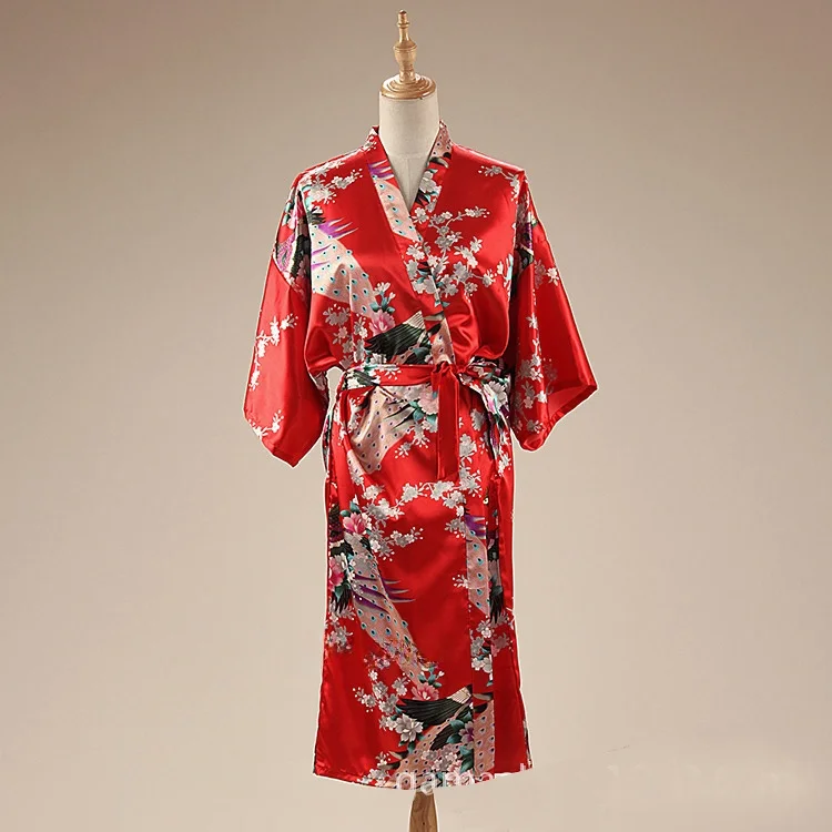 

Sexy Silk Print Spwear Large Size Simulation Silk Robe Bath Robe Women Mid-Length Summer Home Clothes Floral Pattern