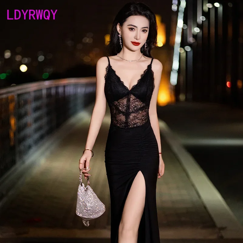 banquet, evening gown, long dress, temperament, perspective, sexy dress, waist cinching, slimming effect, nightclub women