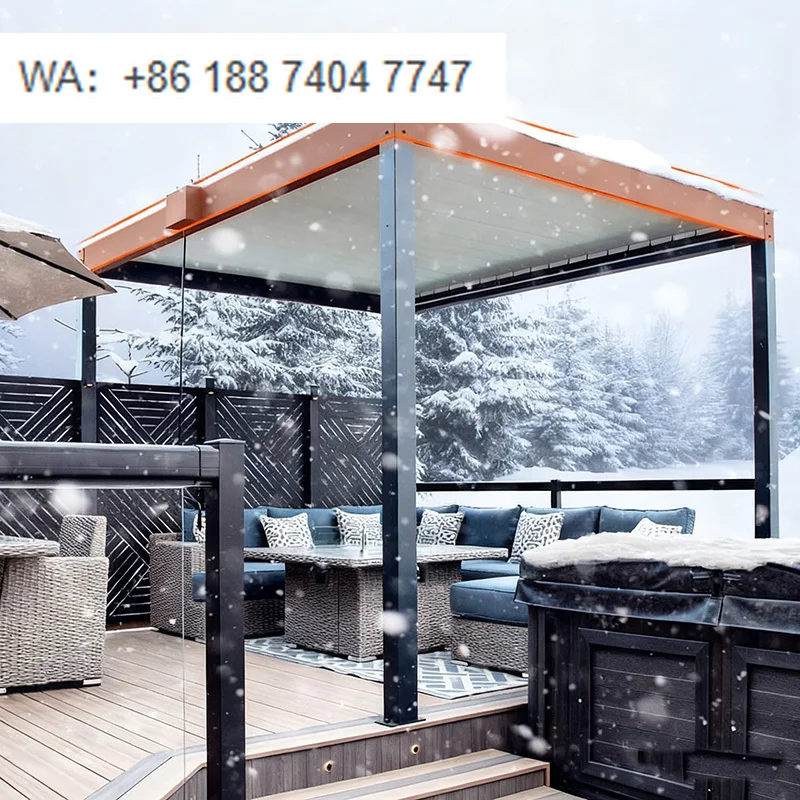 China Factory Wholesale LED Motorized Aluminum Louvered Pergola Roof with Drainage System CE Certified Snow Resistant Balcony