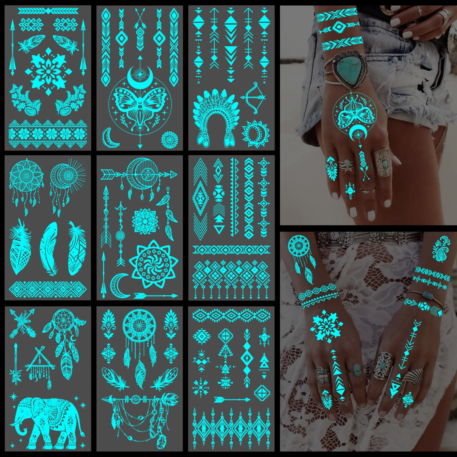 

10 Sheets Glow in the Dark Tattoos for Women Girls Luminous Temporary Hand Tattoos Arm Hands and Rave Boho Festival Accessories