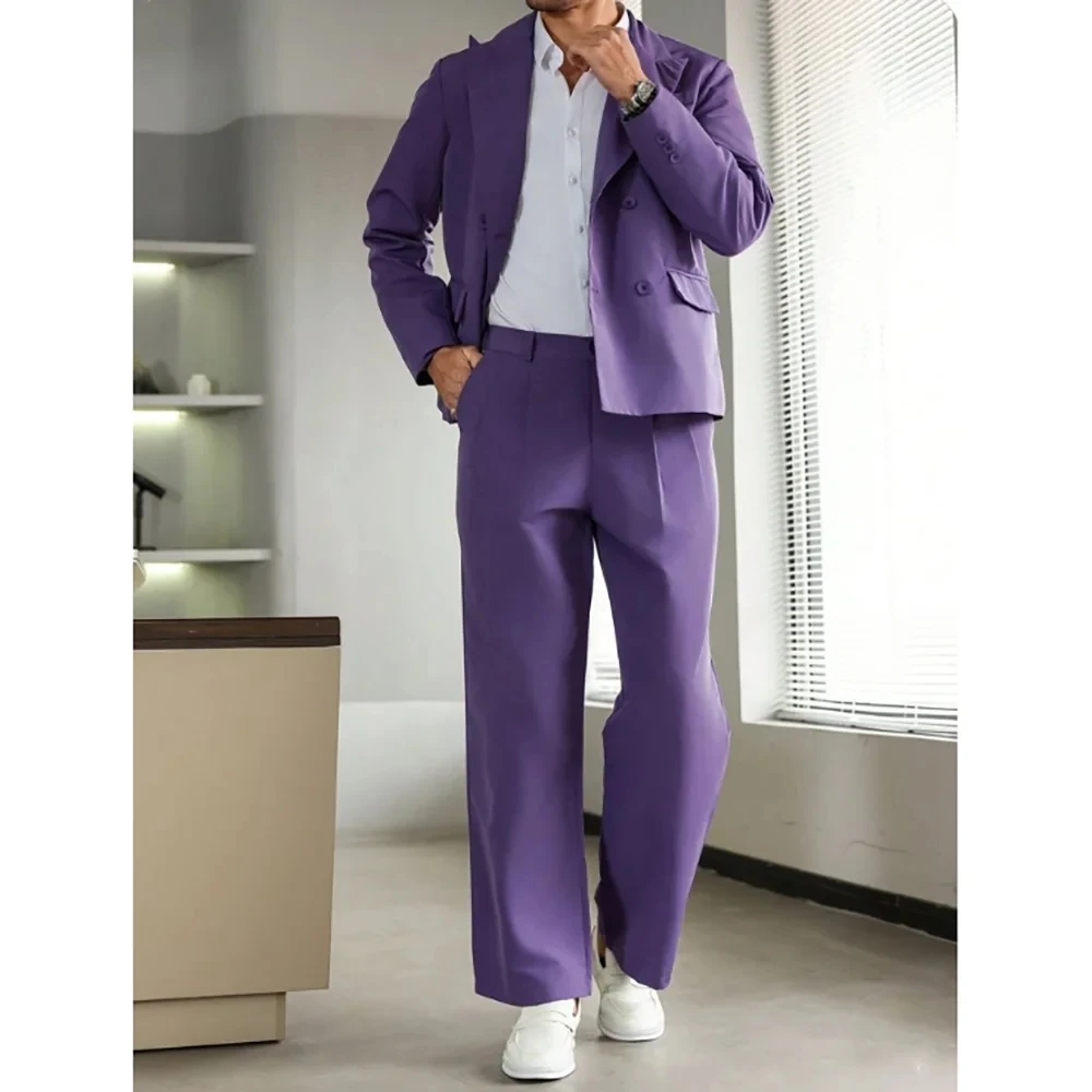 

Фиолетовые мужские костюмы, комплект из двух предметов, короткий пиджак с брюками, двубортный, повседневный, для социальной вечеринки, свадьбы, жениха, мужская одежда на заказ