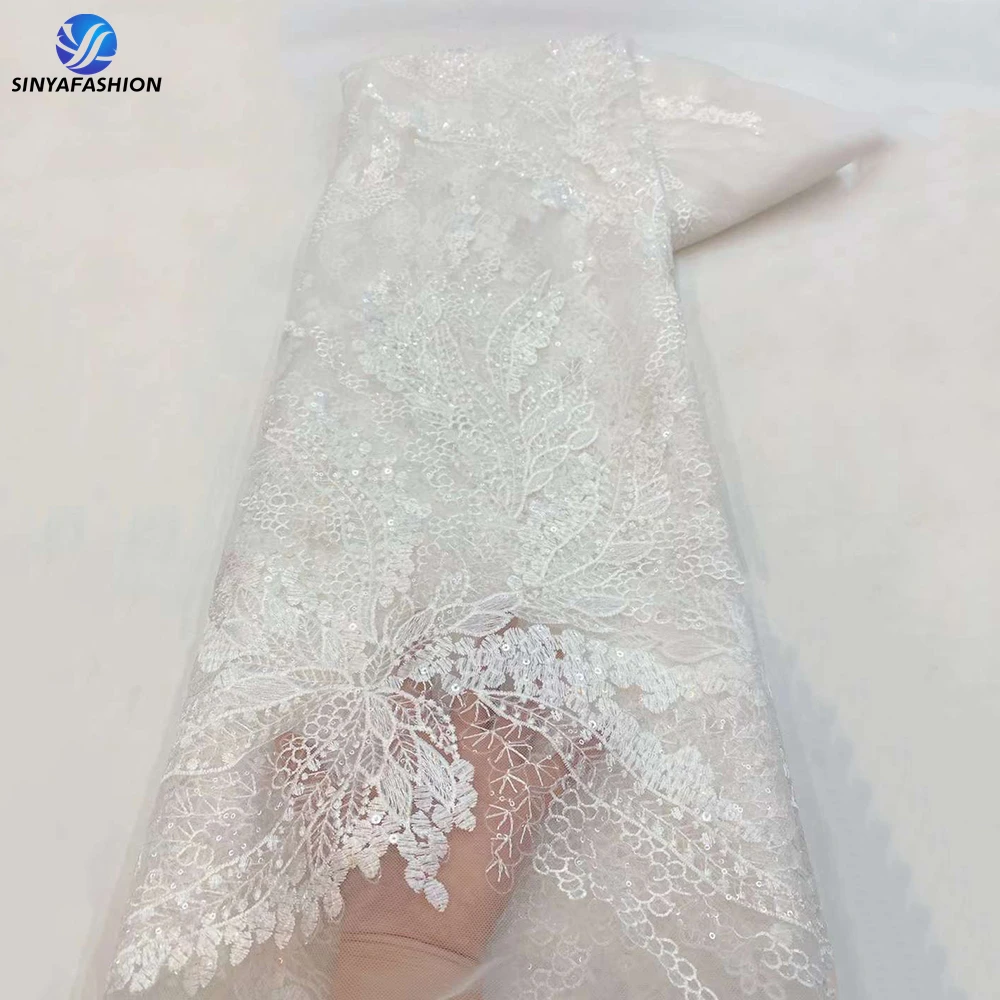 

Sinya White African Sequins Lace Fabric 2023 High Quality French Net Embroidery Luxury Bridal Wedding Lace For DIY Dress 5 Yards