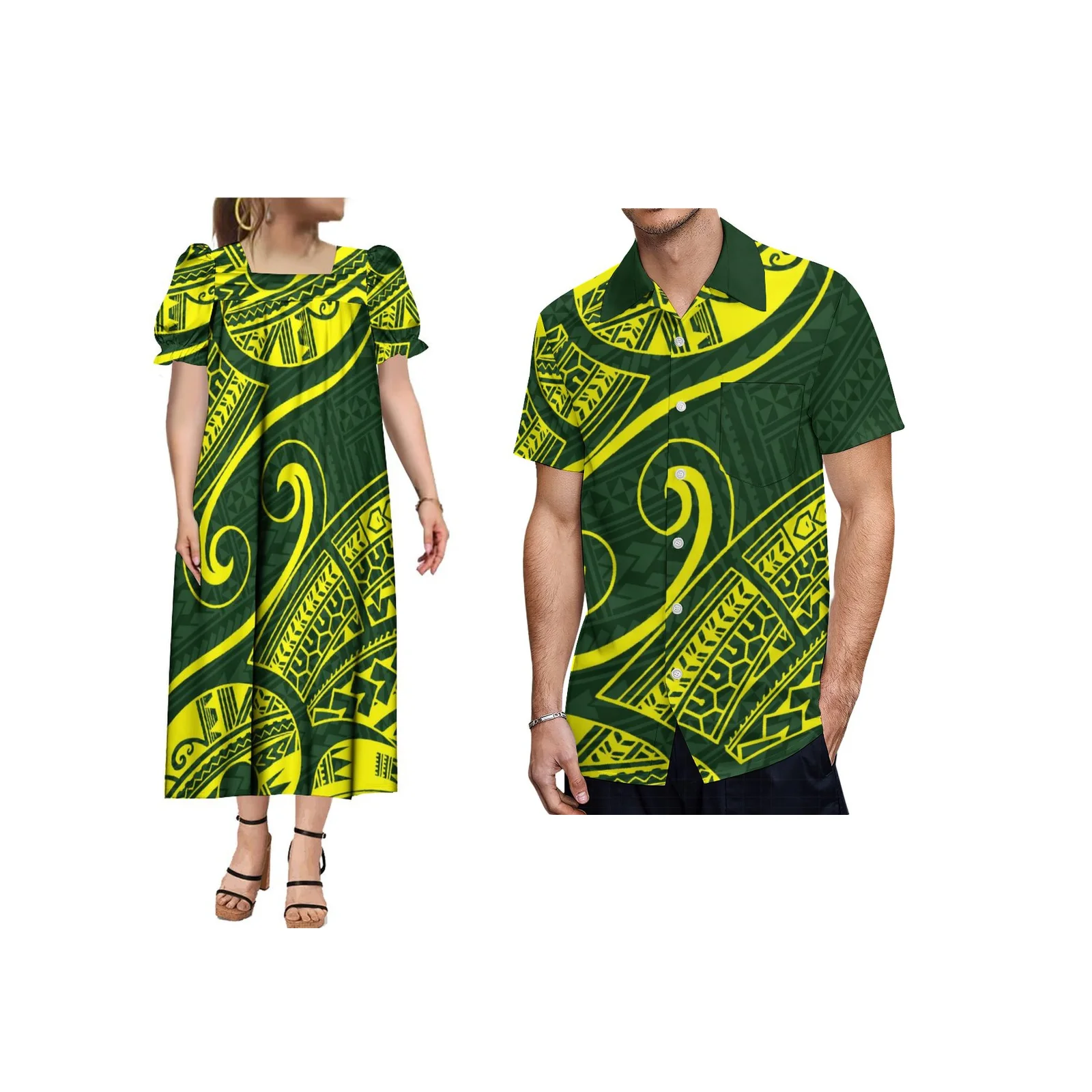 

Hawaii Women's Elegant Bubble Sleeve Dress MUMU Samoa Fiji Couple's Clothing Sale Polynesian Men's Shirt Support Customization