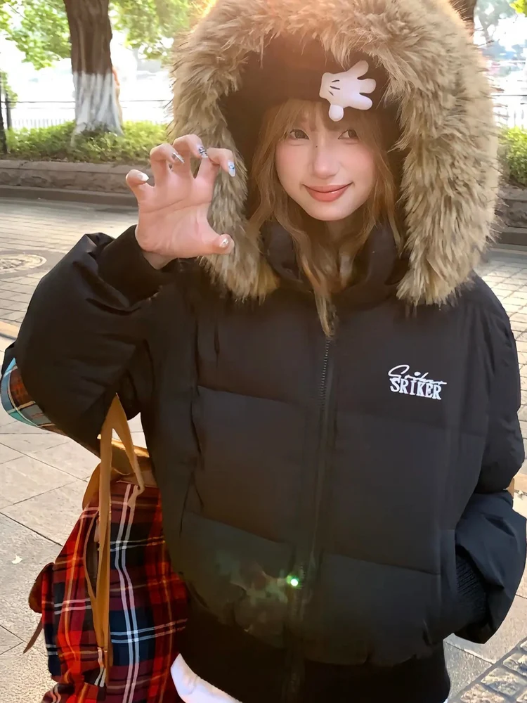 

Slimming Effect Bla ort Puffer Jaet with Large Fur Collar Hooded down Cotton Coat for Women Winter 2025 New Sle Warm ...