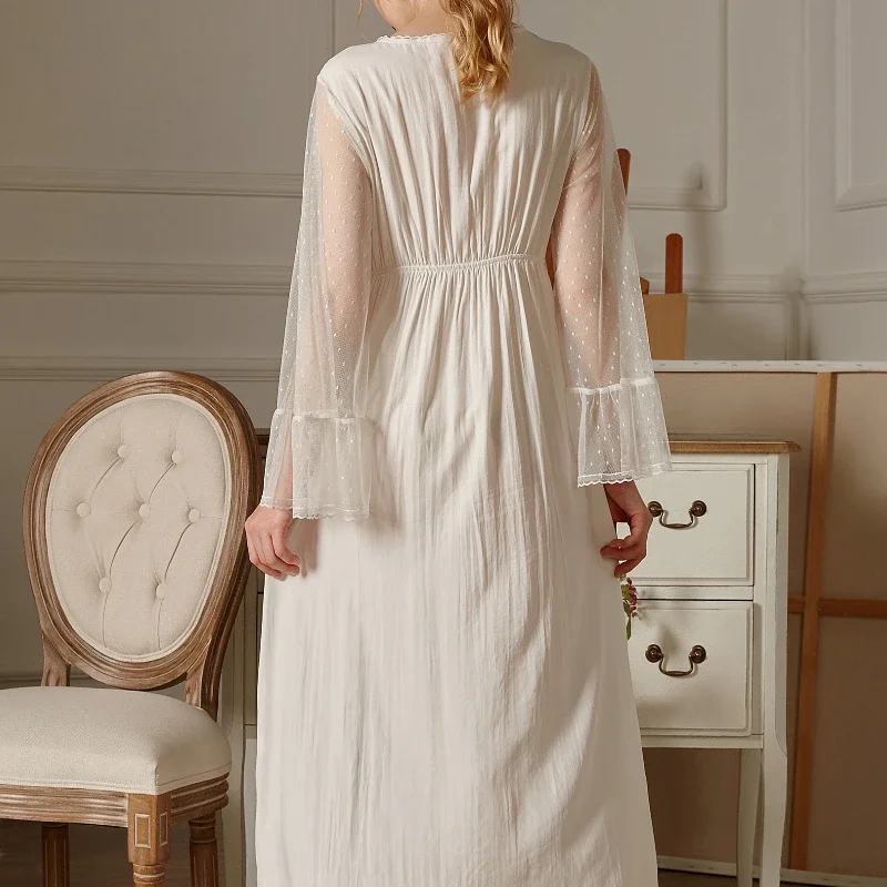 Elegant Cotton Long Night Dress Women White Sexy Lace Peignoir Victorian Vintage Nightgown Sleepwear Sheer Lace Sleeve Nightwear