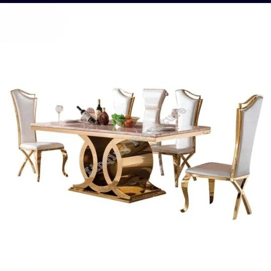 combination house use rectangular stainless steel  large/small dining table marble top dining table set