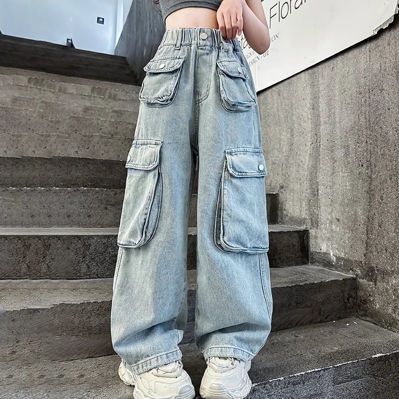 Fashion Girl Summer Fall Jeans 2024 New Children\'s Cargo Pants Wide Leg Long Pants Kids Soft Multiple pocket Denim Thin Trousers