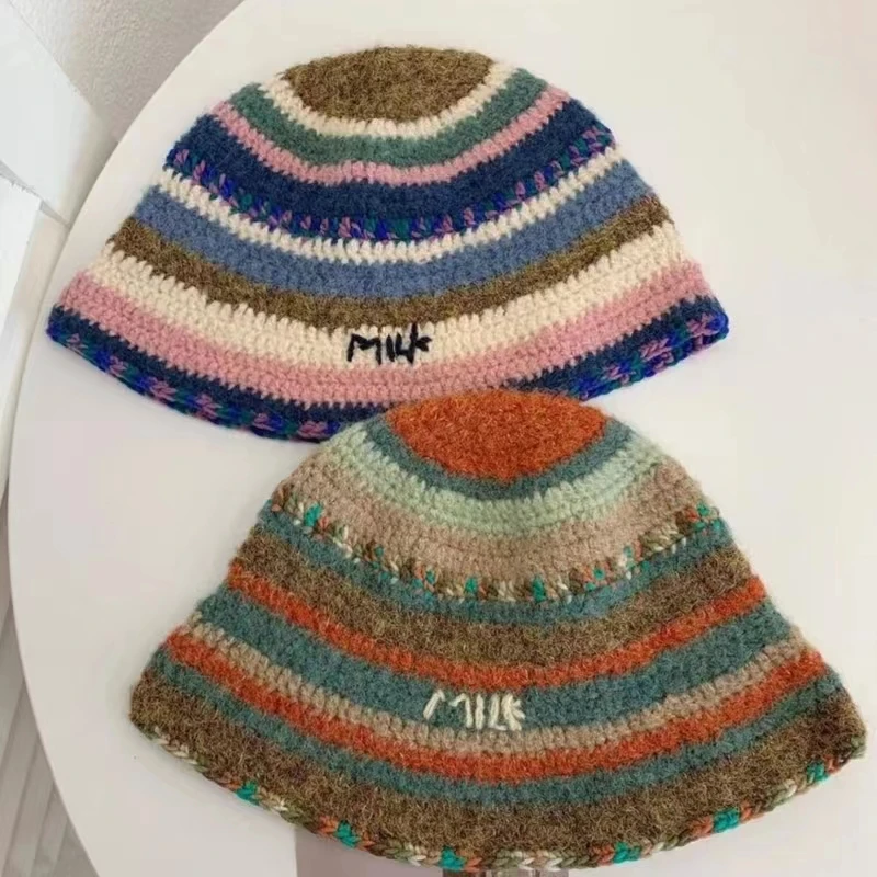 Gradient Wool Striped Bucket Hat For Women Winter Thicken Warm Knitted Panama Bob Female Plush Fisherman Hats Basin Caps Gorros