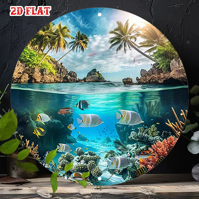 2D Flat, 1pc Tropical Paradise Round Wall Art - Metal Frameless 2D Flat Ocean-Themed Plaque with Coral Reef, Nemo Fish & Palm Tr