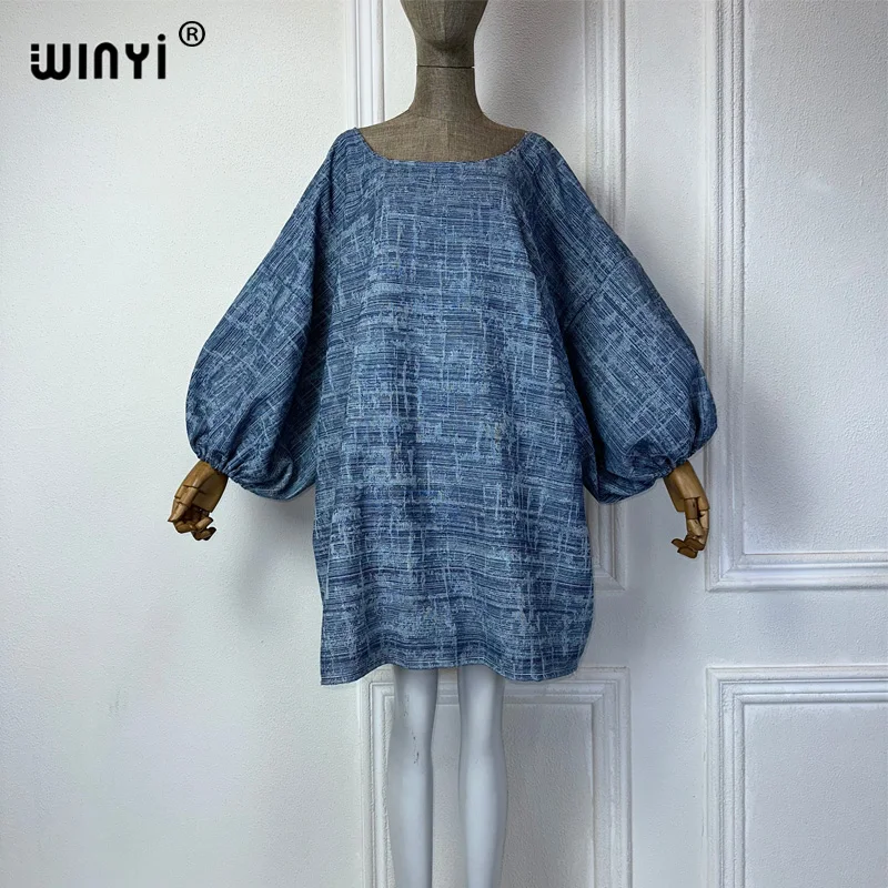 WINYI Original Bubble sleeves making old denim dresses Fashion Africa Womens holiday Casual Maxi beach dress party dresses