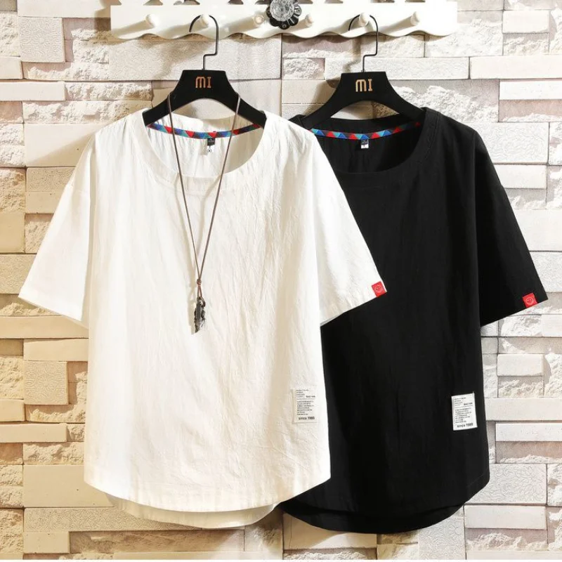 2024 New Summer Trend Korean Version Simple Solid Color Loose Oversize Round Neck Short Sleeved Breathable Linen T-shirt for Men