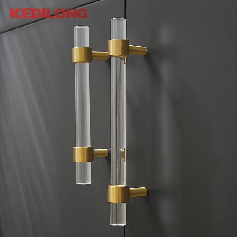 KEDLO Modern minimalist acrylic brass long handle furniture hardware cabinets gold transparent drawers silver T-handles