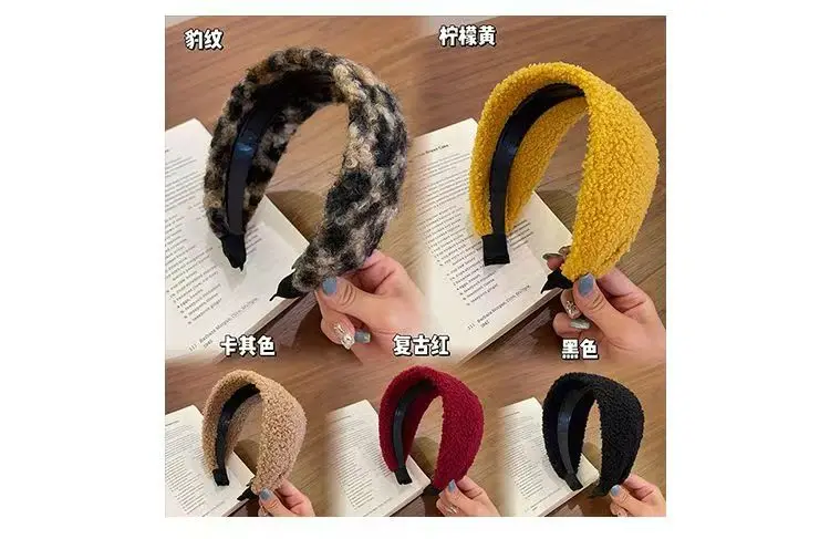 Neues Filz-Stirnband mit breiter Krempe, warm im Herbst und Winter, hoher Totenkopf, Retro-Leopardenmuster, Temperament-Haarbänder für Frauen – Detail 4