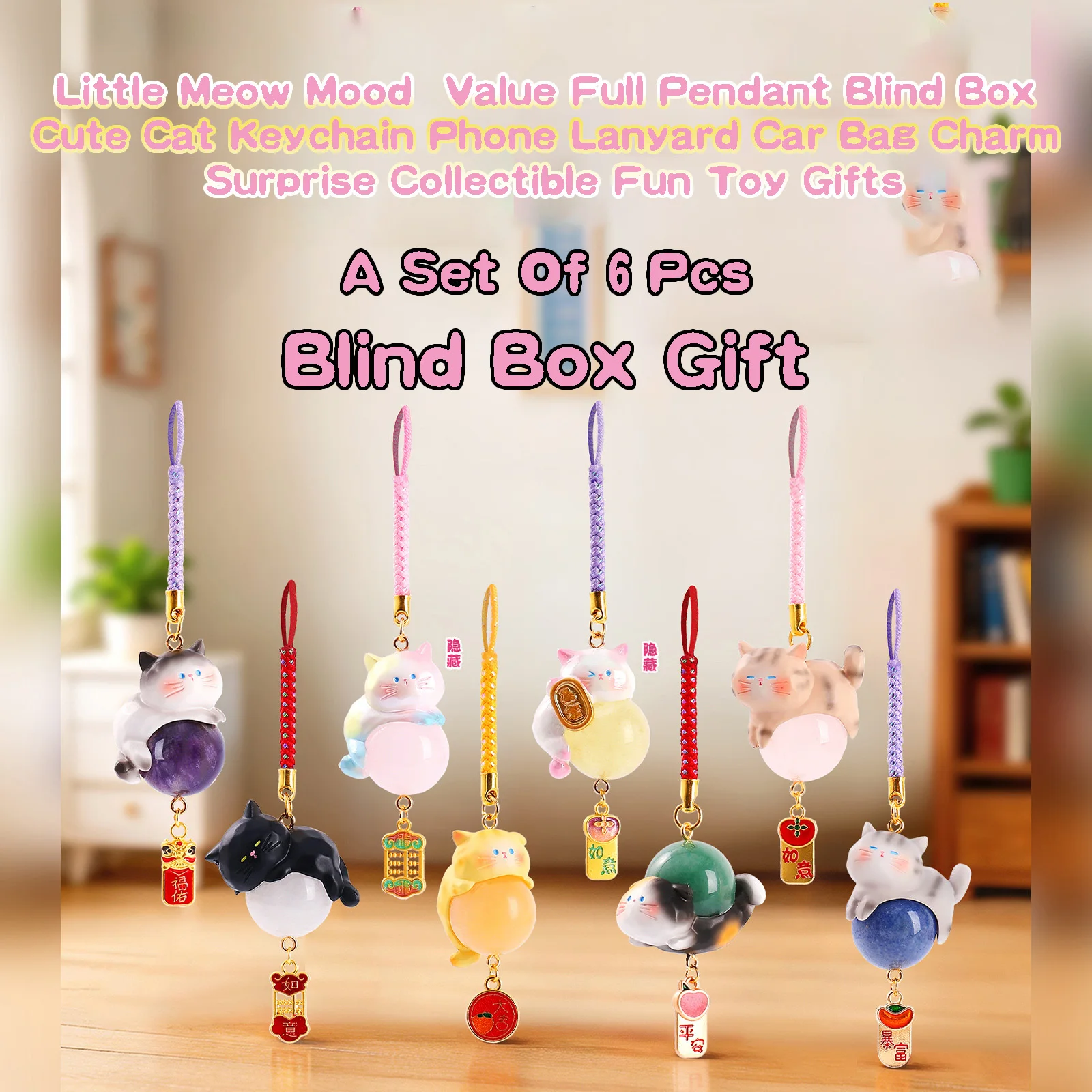 Little Meow Mood-Value Boîte Surprise Pendentif Complet, Porte-clés Chat Mignon, Cordon de Téléphone, Amulette Porte-bonheur pour Voiture et Sac, Cadeaux de Collection Surprise