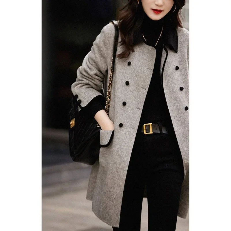 2024 Blends Coat Autumn Women Fall Winter Wool Jacket Vintage Long Outwear Korean Horn Button Elegant Mujer Thick Windbreaker