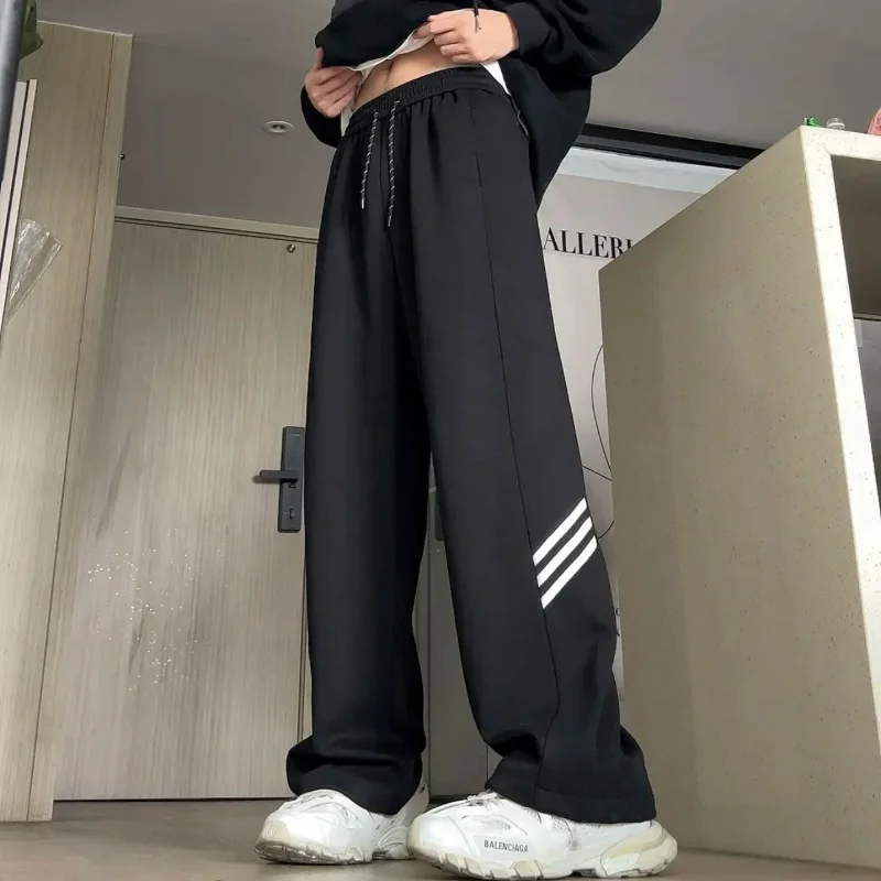 American Trendy Vintage Summer Loose Sports Wide Leg Pants Men Pocket Striped Elastic Wait Drawstring Casual Straight Trousers