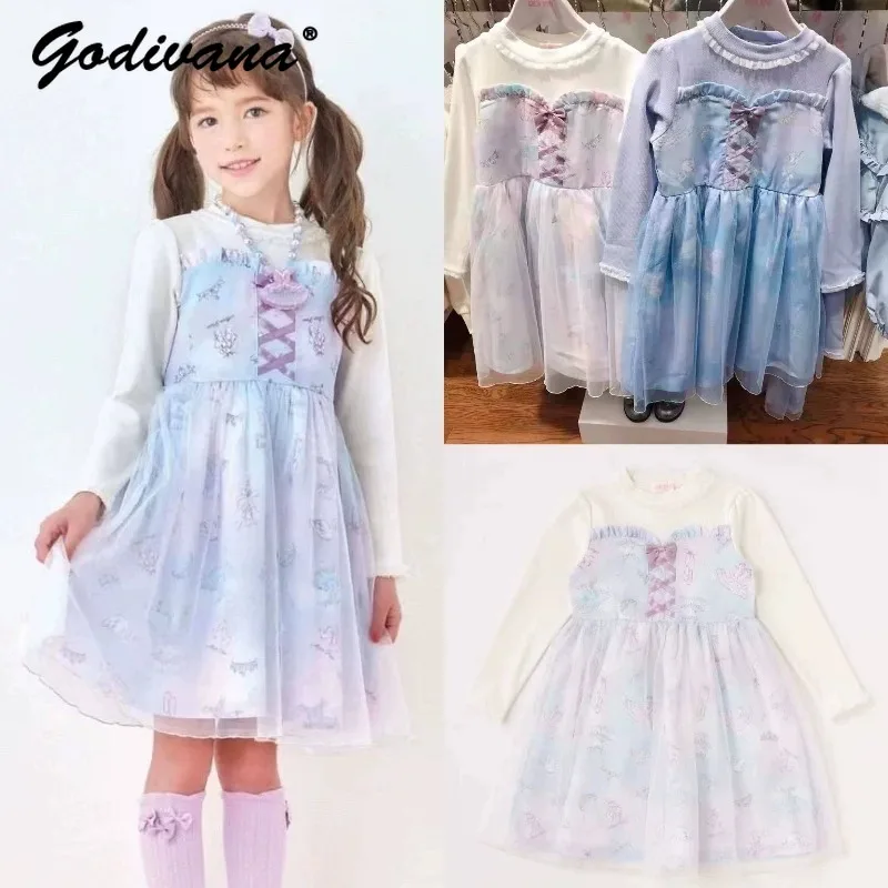 Japanese Girls Thick Knit Dresses 2026 New Spring and Autumn Sweet Long-sleeve Cute Print Mesh Panel O-neck Bow Princess Dress