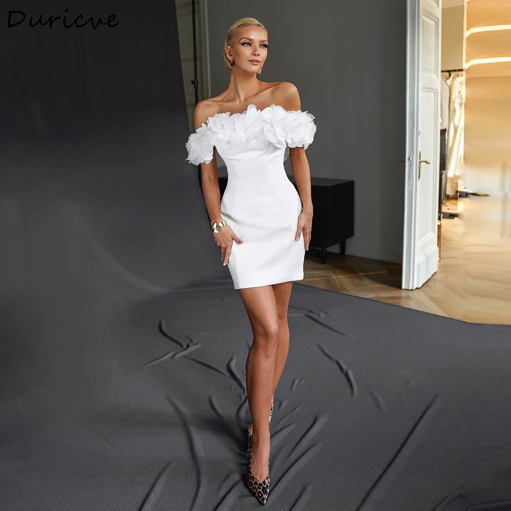 Duricve Customized Mini Satin Wedding Dresses Off the Shoulder 3D Flowers Short Civil Bridal Gowns After Party Dress