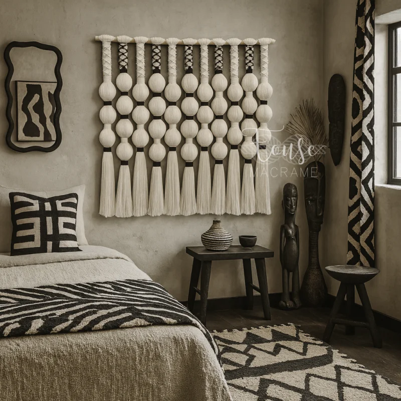 Chic Black White Ball Macrame Wall Hanging Tassel Decor Modern Boho Wall Art for Contemporary Home Living Room Bedroom