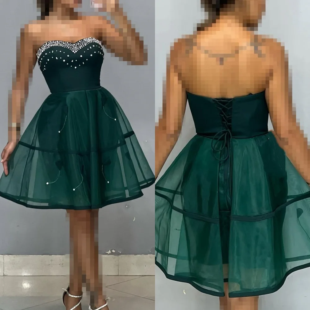 Customized Fashion Classic Organza Rhinestone Pleat A-line Strapless Knee Length Dresses Bespoke Occasion Dresses Matching Sexy