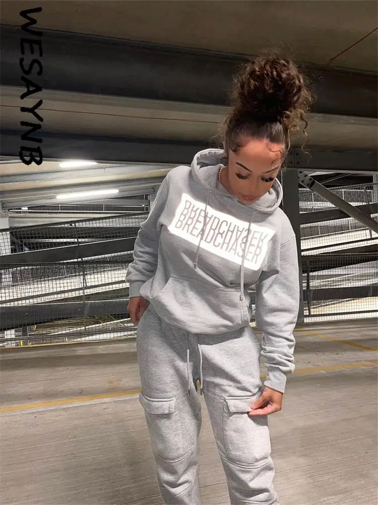 Winter Casual Gray 2 Two Piece Sets Tracksuits Women Pants Sets Fashion Outfits for Women 2022 Wholesale Long Sleeve Hooded Top