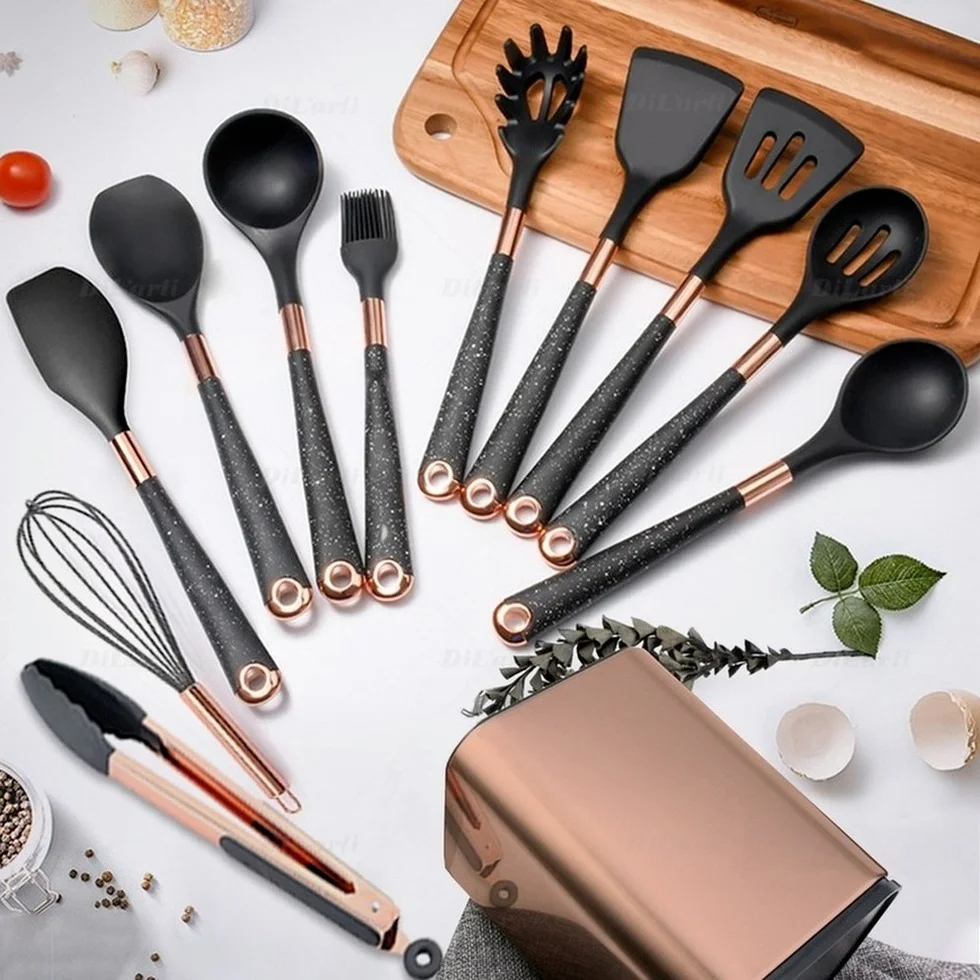 1 Pack Silicone Cooking Utensil Turner Soup Spoon Spatula Scoop Rose Gold Plated Handle Kitchenware Nonstick Kitchen Accessories