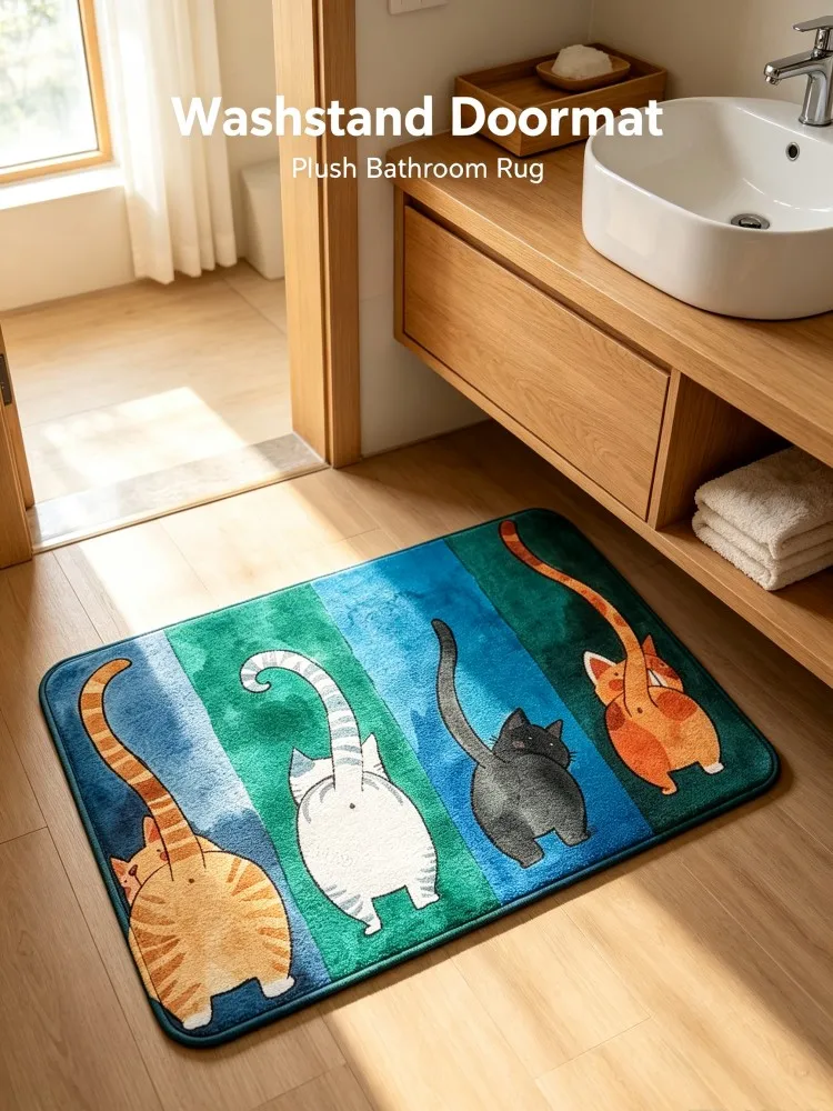 Cute Cat Butt Bathroom Mat Soft Flocking Absorbent Bath Rug Colorful Kitten Tail Pattern Non‑Slip Floor Carpet For Shower Room H