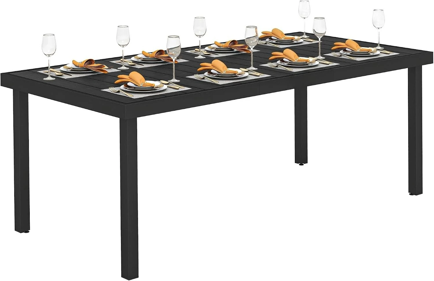 Large Rectangular Outdoor Dining Table For Eight People, Modern Patio Garden Furniture With All Weather Faux Wood Top And Aluminum Frame, Backyard Deck Lawn Host Station, Black