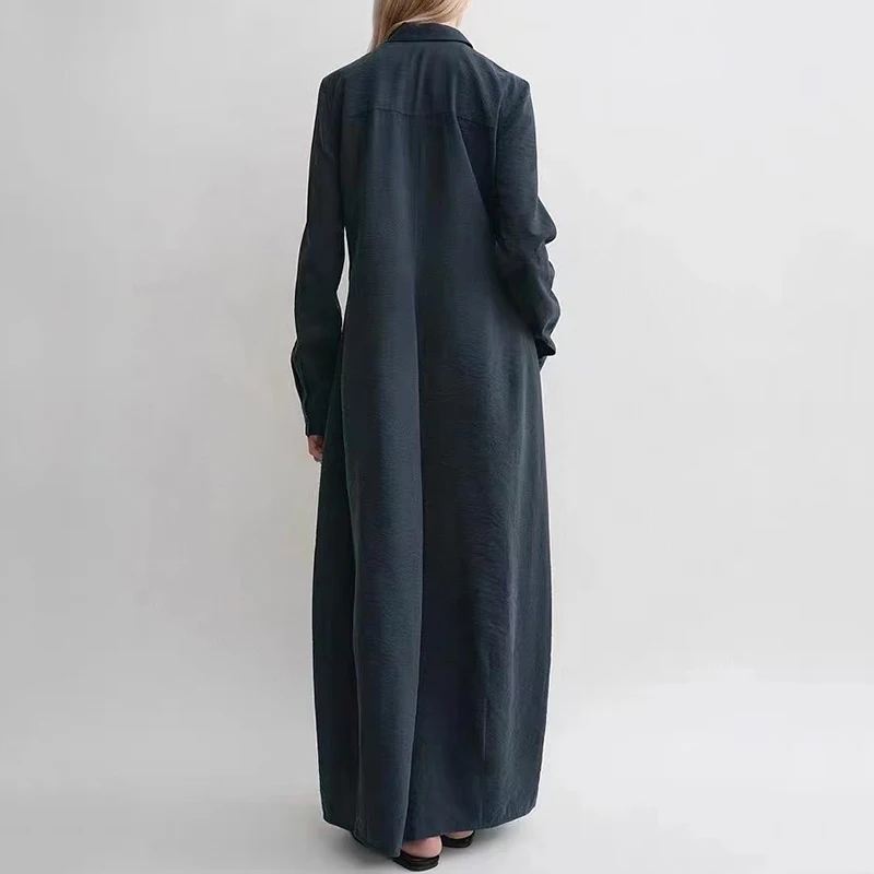 숙녀 옷깃 긴 소매 셔츠 드레스, 양면 포켓 디자인 긴 드레스, 패션 캐주얼 드레스, 여름, 새로운, 2025, 고품질