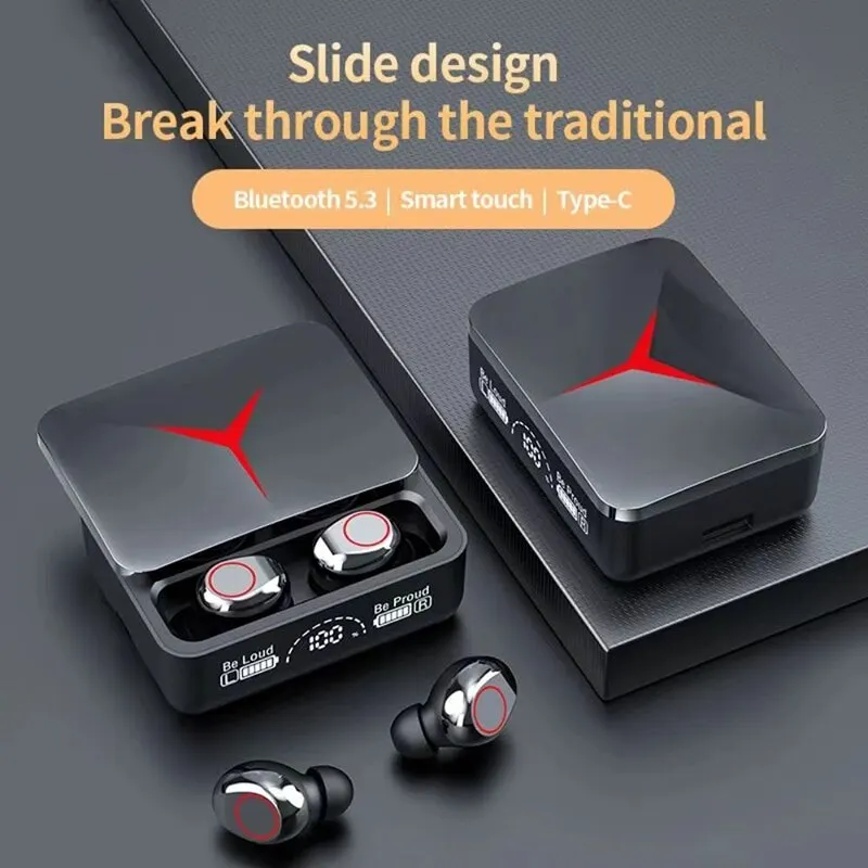 M90 Bluetooth Earphones Slide Cover Charging Case Led Gaming Lights 3D Sound Long Battery Life Game Mode Instant Connection