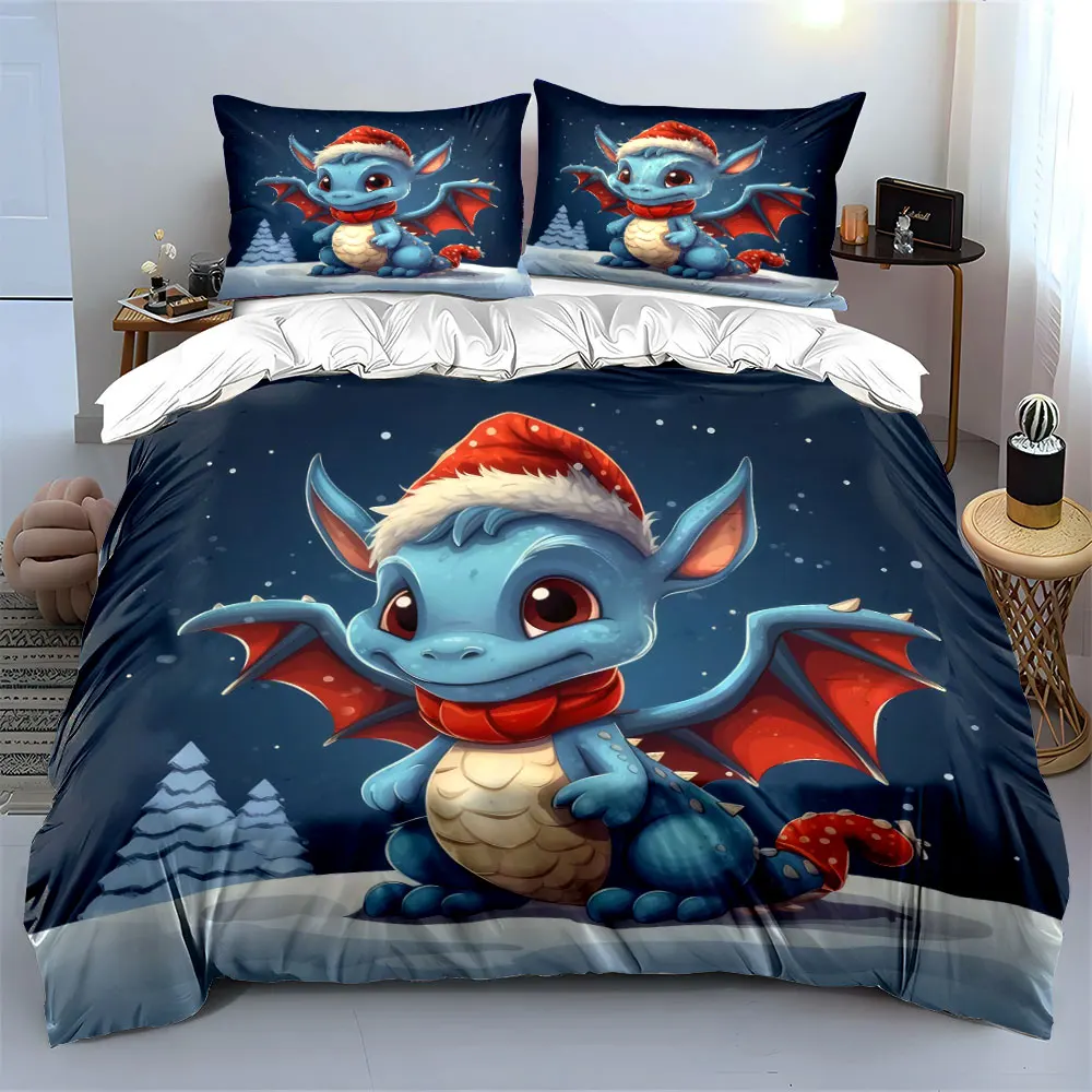 Cute blue dragon with a Santa hat and red scarf in the snow Print Duvet Cover Bedding Set Included 1*Duvet Cover 2*Pillowcases