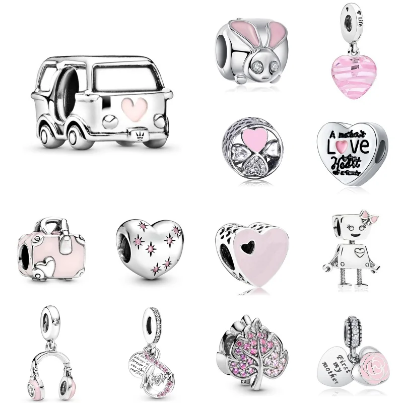 New Pink Series Mom Heart Earphone Pendant Luggage Beads For Pandora Bracelets Keychain Necklace DIY Mother's Day Jewelry Gifts