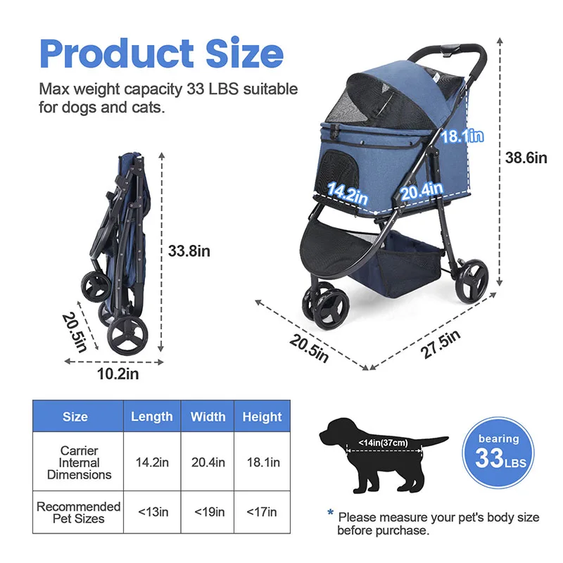 Kinderwagen Tas Reis Auto Opvouwbaar 300 Pond Opvouwbare Opvouwbare Opvouwbare Kinderwagen Voor Honden Kat, 3 Wielen Hond Puppy Kinderwagen, Trolley