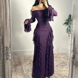 Purple Prom Dresses Sheath Evening Dresses Long Sleeve Chiffon Off Shoulder Formal Wedding Party Dress vestidos de gala 2024