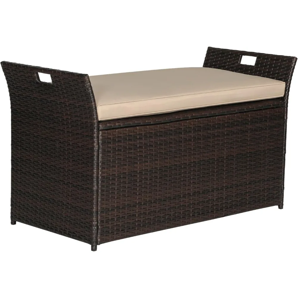 90 Gallon Outdoor Wicker Storage Bench with Cushion, Patio PE Rattan Deck Box with Handles