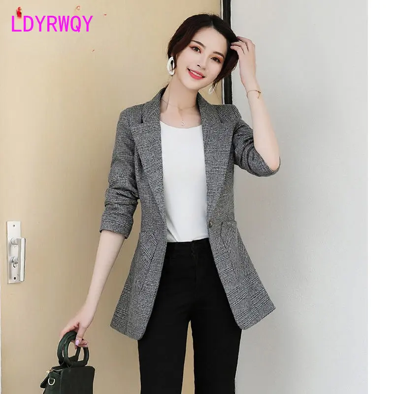 2022 New Spring and Autumn Suit Coat Women's Korean Checked Top Slim Fit