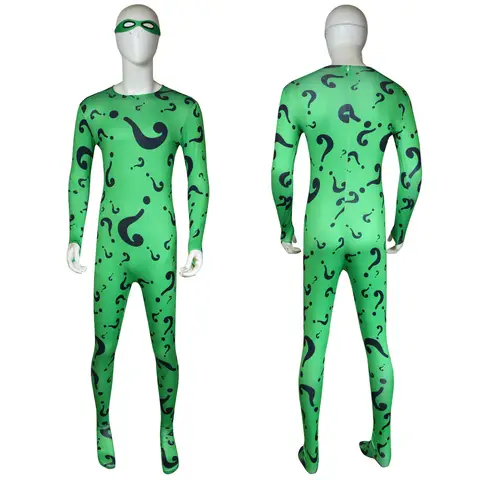 Adult Men Jumpsuit Mask Headgear Outfits Tights Edward Nygma for Forever Batman Riddler Performance Role Party Clothes Suit