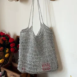 Handmade Crochet Hobo Chic Bag Silver Tote Handbag Ladies Shoulder Bag Fashion Women Summer Beach Bag