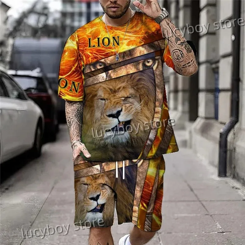 2025 Men's Classic 3D Printed T-shirt and Shorts Set Fashionable Retro Street Style Short Sleeved and Shorts Two-piece Set