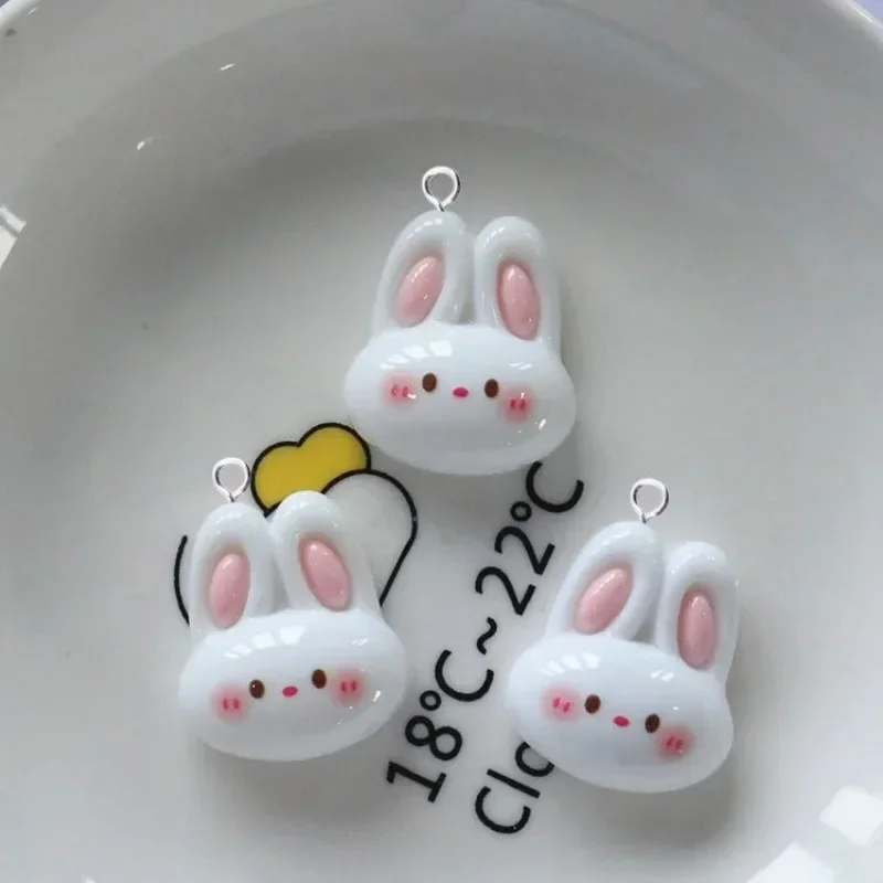 10Pcs Glossy White Bunny Head Resin Pendants Kawaii Animal Charms With Heart Flower Decor For Making Handcraft Earrings Jewelry